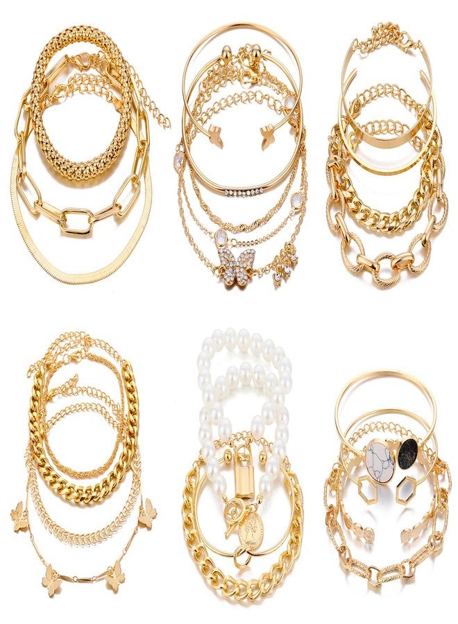 IFKM 6 PACK (24 PCS) Boho Gold Chain Bracelets Set for Women, 14K Gold Plated Multiple Layered Stackable Open Cuff Wrap Adjustable Link Italian Cuban Jewelry Gift - Image 1